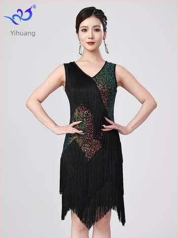 Nova latino plesna haljina s šljokicama i resicama za scenske nastupe — mreža sa šljokicama, poliester 95% + elastan