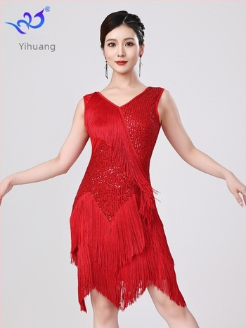 Nova latino plesna haljina s šljokicama i resicama za scenske nastupe — mreža sa šljokicama, poliester 95% + elastan