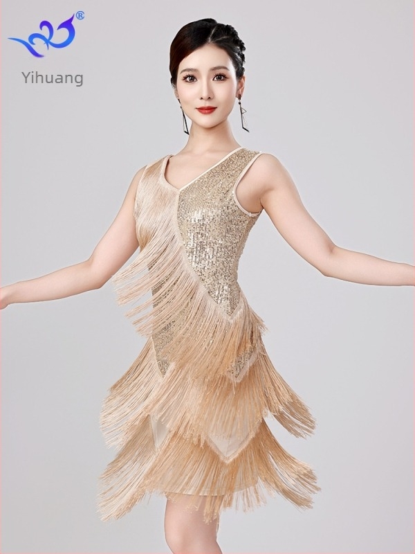 Nova latino plesna haljina s šljokicama i resicama za scenske nastupe — mreža sa šljokicama, poliester 95% + elastan