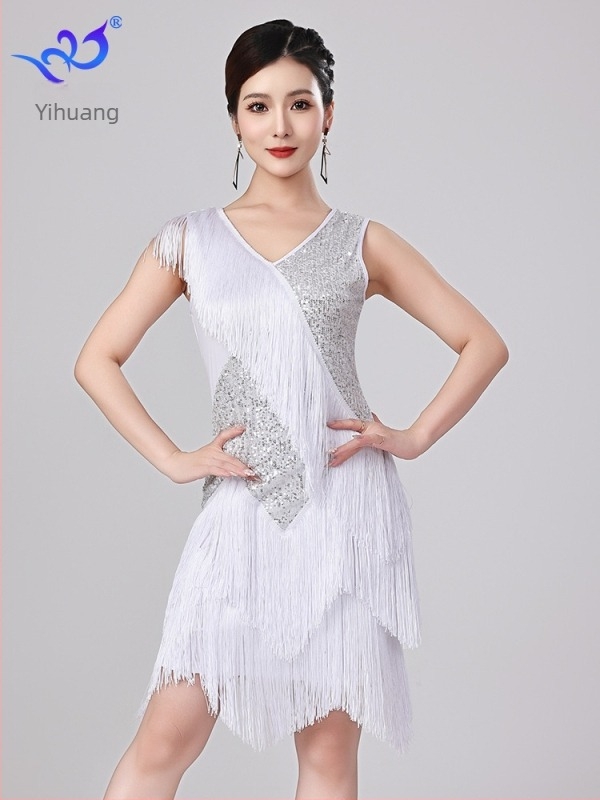 Nova latino plesna haljina s šljokicama i resicama za scenske nastupe — mreža sa šljokicama, poliester 95% + elastan