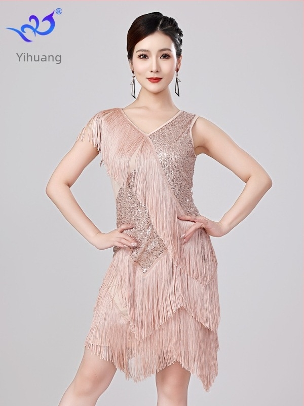 Nova latino plesna haljina s šljokicama i resicama za scenske nastupe — mreža sa šljokicama, poliester 95% + elastan