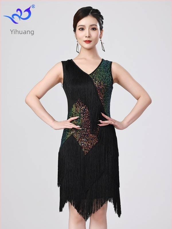 Nova latino plesna haljina s šljokicama i resicama za scenske nastupe — mreža sa šljokicama, poliester 95% + elastan