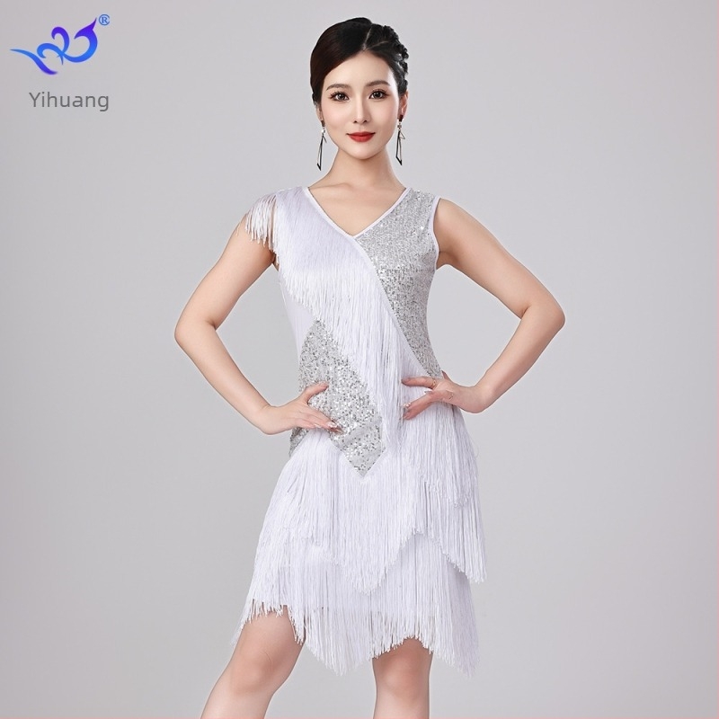 Nova latino plesna haljina s šljokicama i resicama za scenske nastupe — mreža sa šljokicama, poliester 95% + elastan