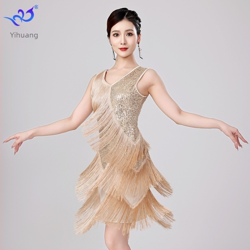 Nova latino plesna haljina s šljokicama i resicama za scenske nastupe — mreža sa šljokicama, poliester 95% + elastan