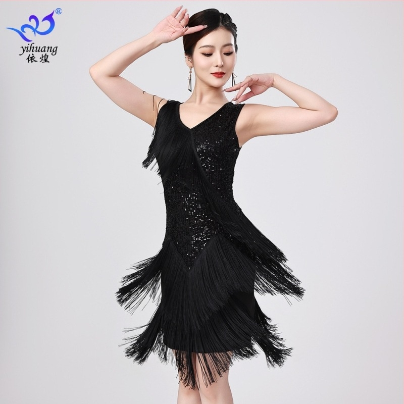 Nova latino plesna haljina s šljokicama i resicama za scenske nastupe — mreža sa šljokicama, poliester 95% + elastan