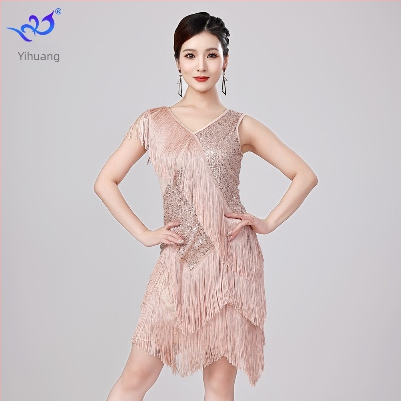 Nova latino plesna haljina s šljokicama i resicama za scenske nastupe — mreža sa šljokicama, poliester 95% + elastan