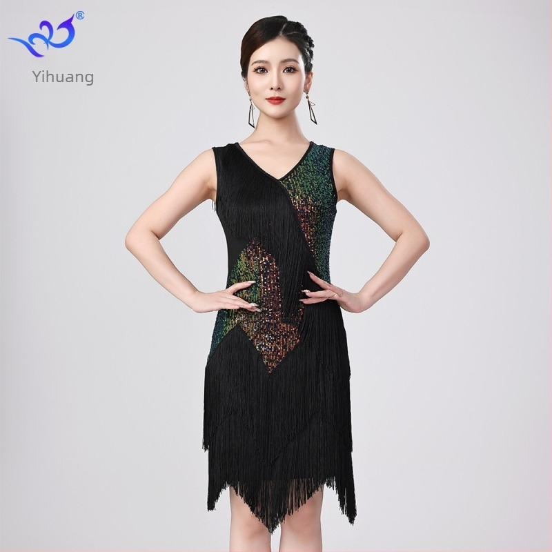 Nova latino plesna haljina s šljokicama i resicama za scenske nastupe — mreža sa šljokicama, poliester 95% + elastan