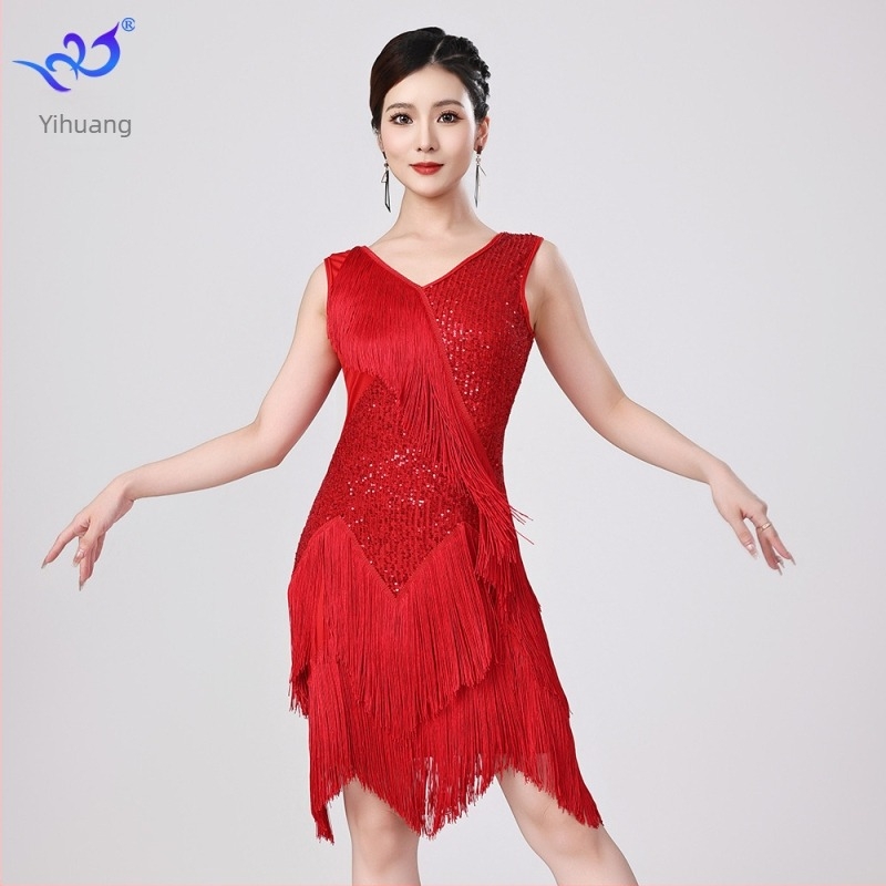 Nova latino plesna haljina s šljokicama i resicama za scenske nastupe — mreža sa šljokicama, poliester 95% + elastan