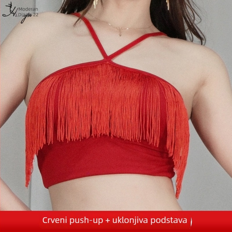 Kostim za belly dance – top s resicama, mliječna svila, šljokice i kristali, poliester, ljeto 2025