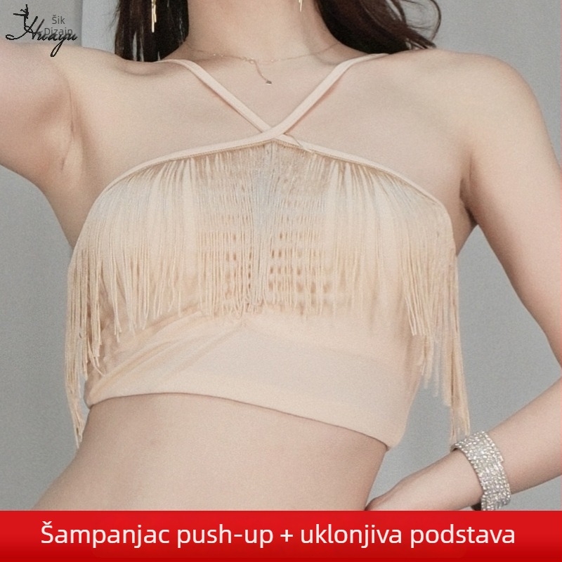 Kostim za belly dance – top s resicama, mliječna svila, šljokice i kristali, poliester, ljeto 2025