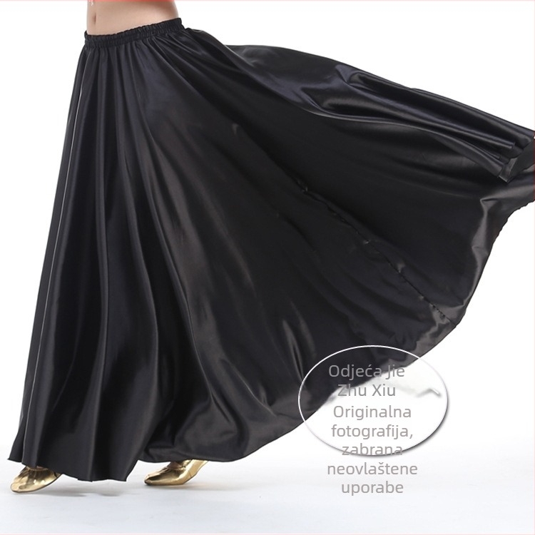 Satenska suknja za belly dance za izvedbe, poludužina, široki zamah, 98% poliester i 2% spandeks