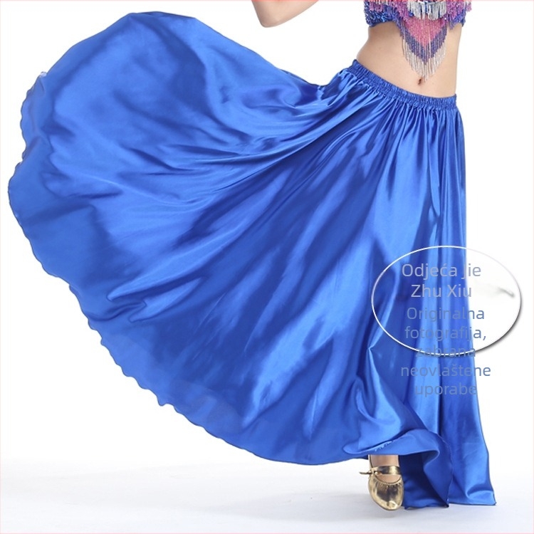Satenska suknja za belly dance za izvedbe, poludužina, široki zamah, 98% poliester i 2% spandeks