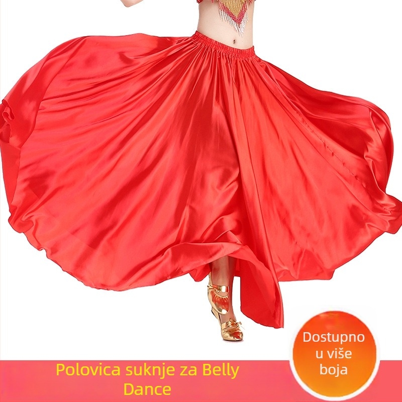 Satenska suknja za belly dance za izvedbe, poludužina, široki zamah, 98% poliester i 2% spandeks