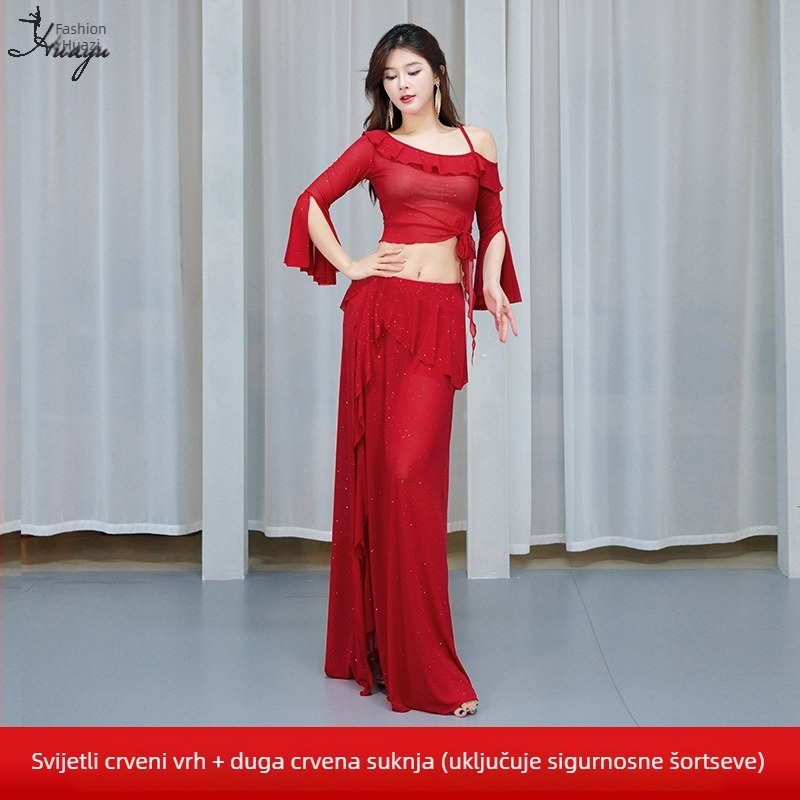 Kostim za trbušni ples s mrežastom tkaninom i šljokicama, duga haljina za žene, spandeks 50–70%