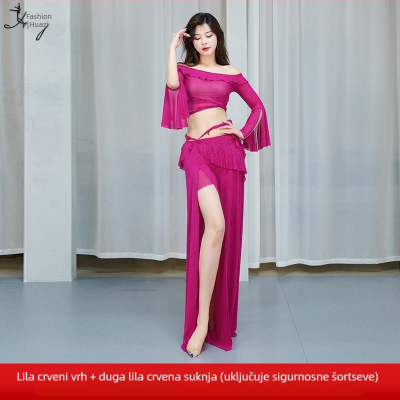 Kostim za trbušni ples s mrežastom tkaninom i šljokicama, duga haljina za žene, spandeks 50–70%