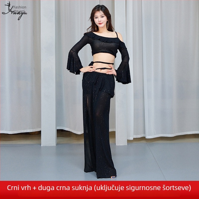 Kostim za trbušni ples s mrežastom tkaninom i šljokicama, duga haljina za žene, spandeks 50–70%