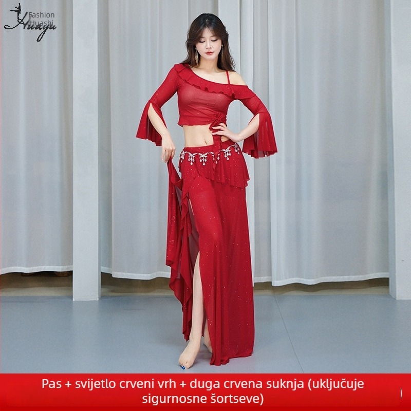 Kostim za trbušni ples s mrežastom tkaninom i šljokicama, duga haljina za žene, spandeks 50–70%