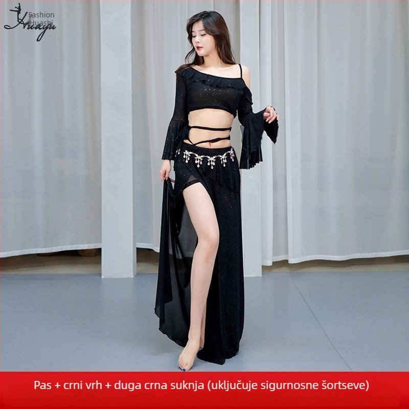 Kostim za trbušni ples s mrežastom tkaninom i šljokicama, duga haljina za žene, spandeks 50–70%