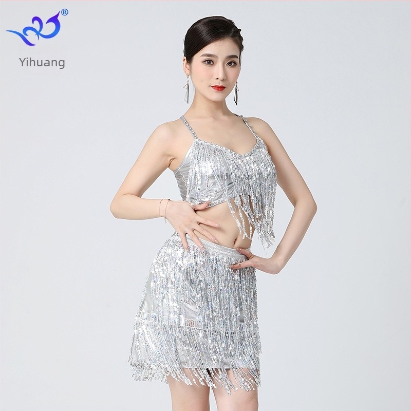 Latino plesna suknja s podijeljenim resama i štrasom – brončana tkanina, poliester/elastan, ženski model, ljeto 2025