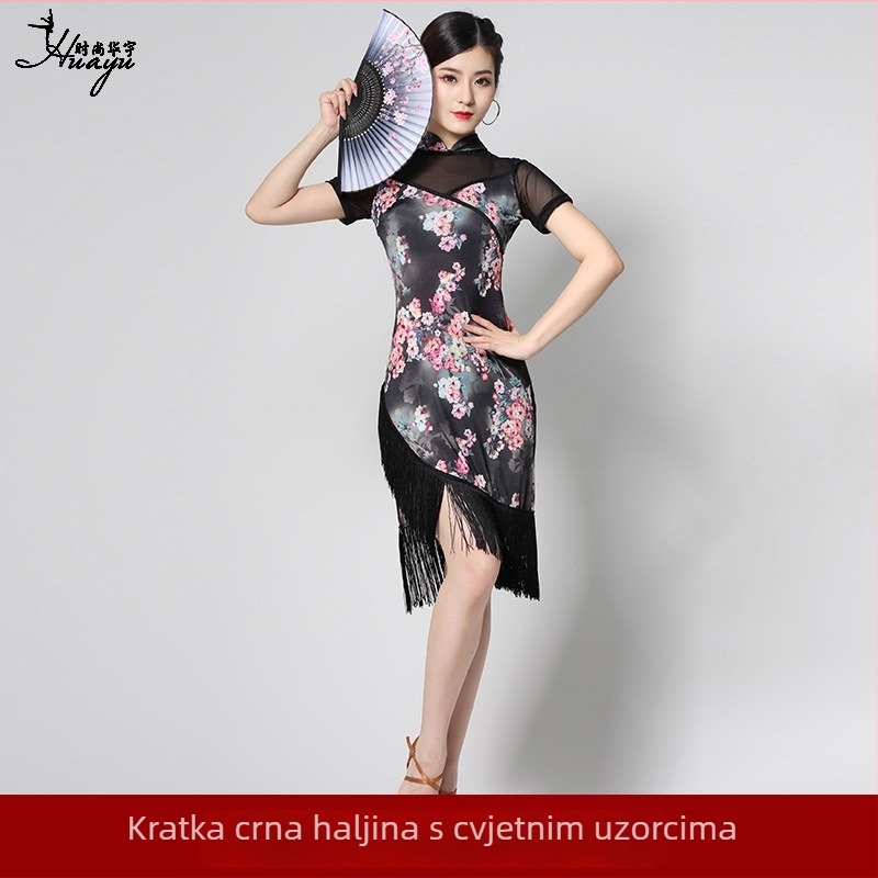 Latino plesna suknja s resama Cha Cha – Milk Silk tkanina, glavni sastav Nylon 80% + Cotton 10%, uzorak tiska