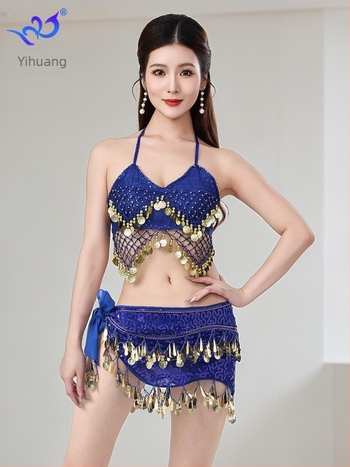 Kostim za ples trbuha za scensku izvedbu s perlama i resicama, grudnjak i suknja, chiffon-Spandex tkanina, ženski