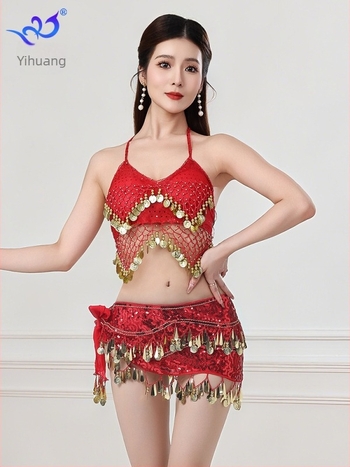 Kostim za ples trbuha za scensku izvedbu s perlama i resicama, grudnjak i suknja, chiffon-Spandex tkanina, ženski