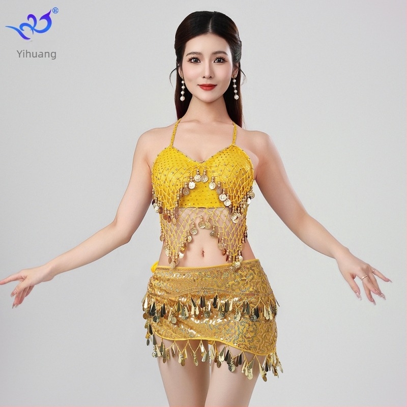 Kostim za ples trbuha za scensku izvedbu s perlama i resicama, grudnjak i suknja, chiffon-Spandex tkanina, ženski