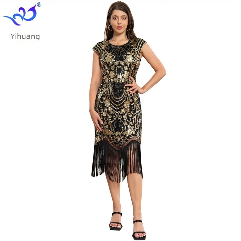 Ženska plesna haljina za pozornicu u stilu 1920-ih s resicama i šljokicama — mrežasta tkanina sa šljokicama, poliester-spandeks smjesa (polie 95%+, spandeks <30%)