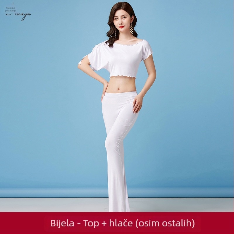 Fashion Huayu Belly Dance set od modalnog materijala, opušteni bat rukavi, dugi hlače i šal s resicama trokuta za početnike