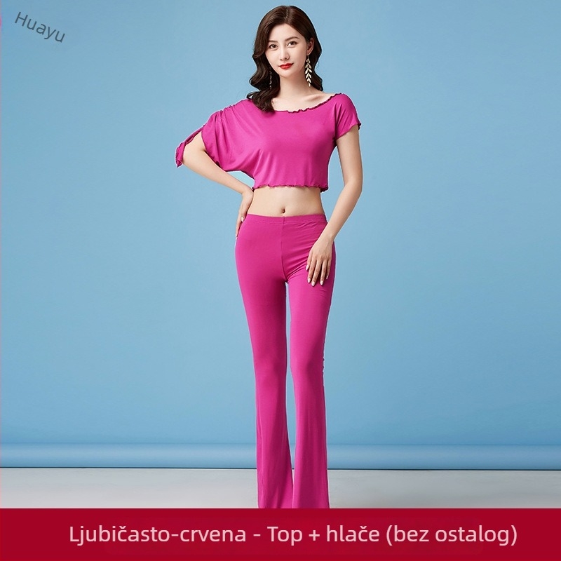 Fashion Huayu Belly Dance set od modalnog materijala, opušteni bat rukavi, dugi hlače i šal s resicama trokuta za početnike