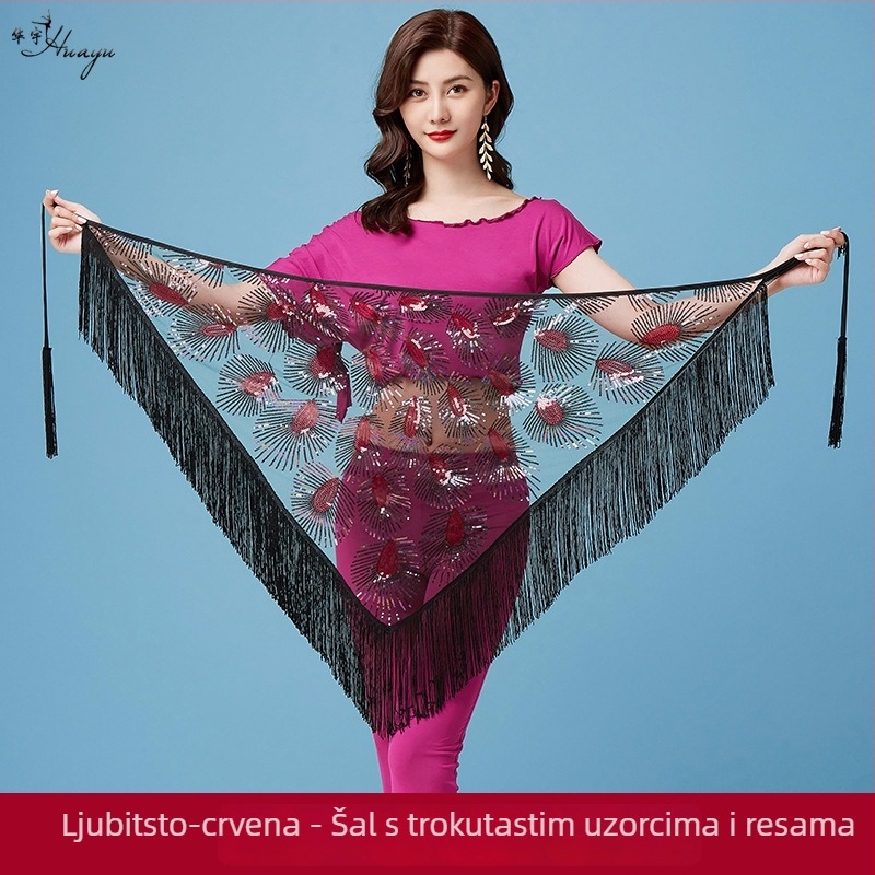 Fashion Huayu Belly Dance set od modalnog materijala, opušteni bat rukavi, dugi hlače i šal s resicama trokuta za početnike