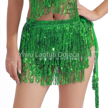 Suknja za belly dance s paillettes i resicama oko struka, boemska lace-up hip šalica – Raffrey, PU koža, poliester