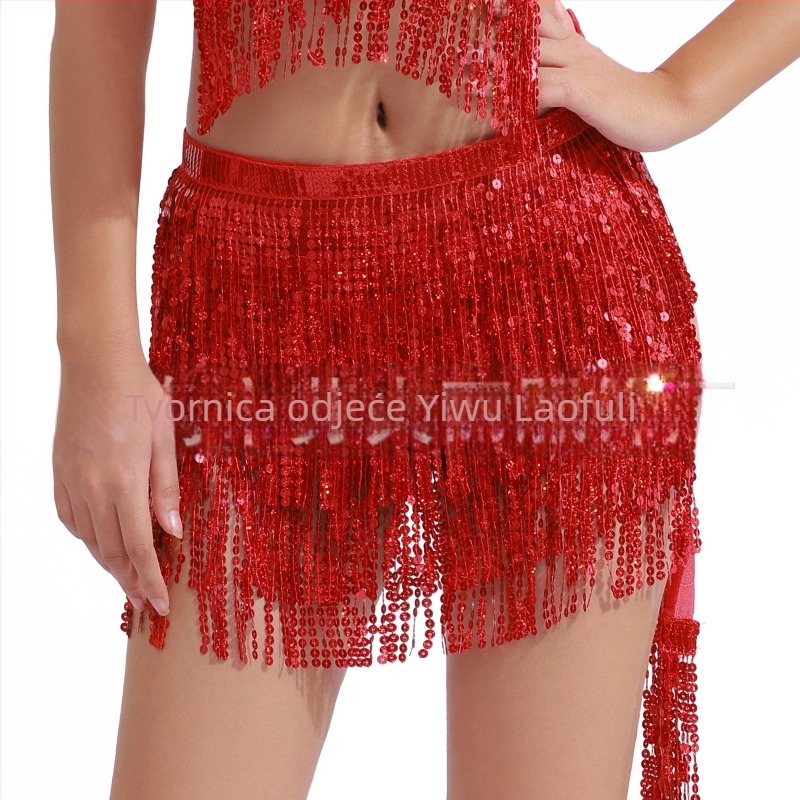 Suknja za belly dance s paillettes i resicama oko struka, boemska lace-up hip šalica – Raffrey, PU koža, poliester