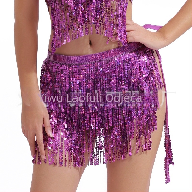 Suknja za belly dance s paillettes i resicama oko struka, boemska lace-up hip šalica – Raffrey, PU koža, poliester