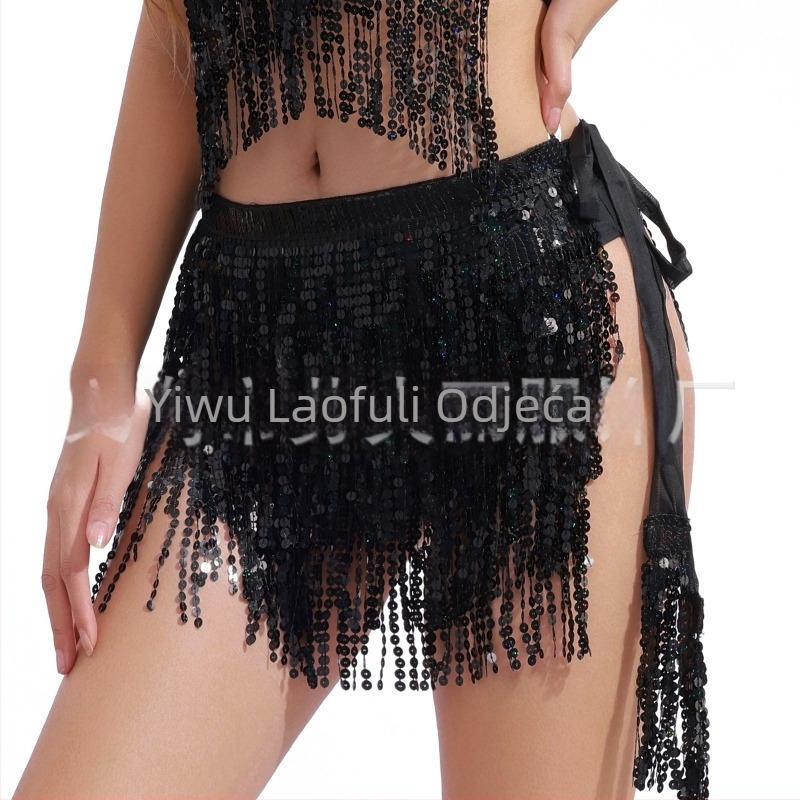 Suknja za belly dance s paillettes i resicama oko struka, boemska lace-up hip šalica – Raffrey, PU koža, poliester