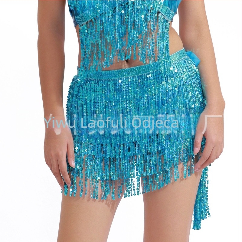 Suknja za belly dance s paillettes i resicama oko struka, boemska lace-up hip šalica – Raffrey, PU koža, poliester