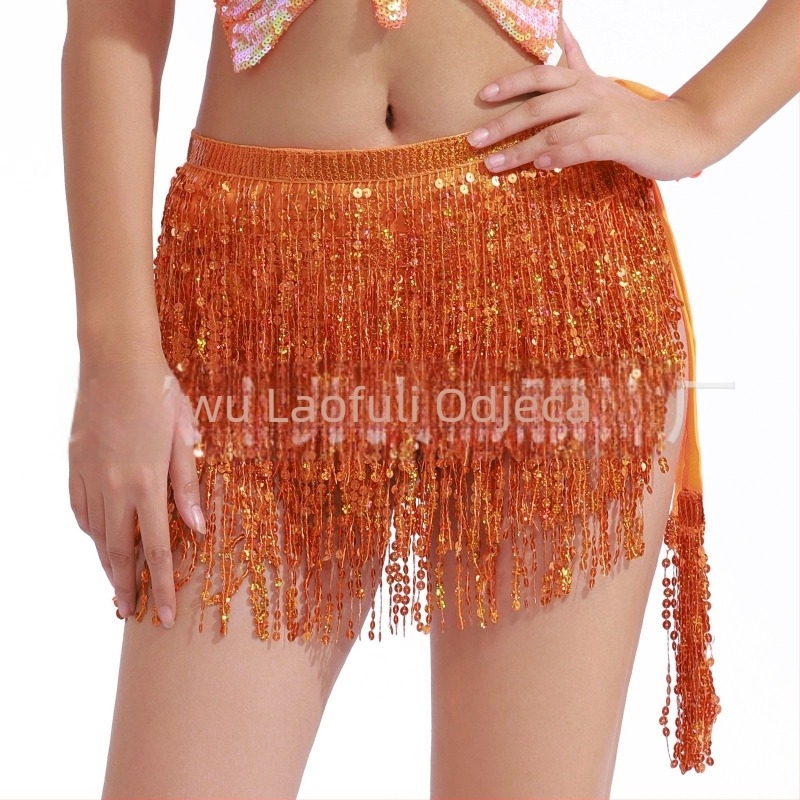 Suknja za belly dance s paillettes i resicama oko struka, boemska lace-up hip šalica – Raffrey, PU koža, poliester