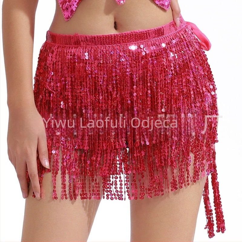 Suknja za belly dance s paillettes i resicama oko struka, boemska lace-up hip šalica – Raffrey, PU koža, poliester