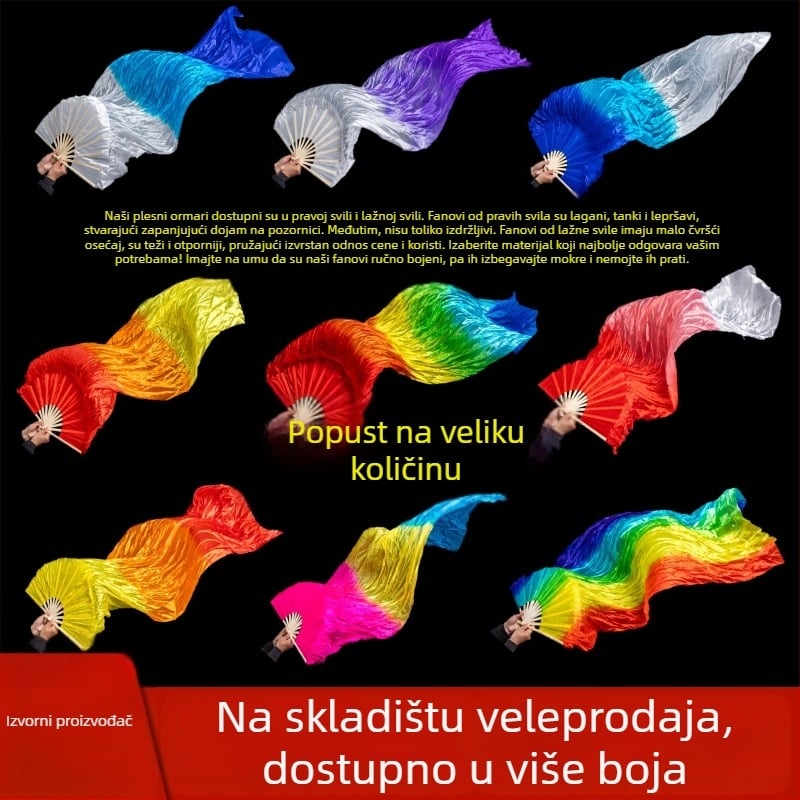 Dugački svileni plesni fan s trobojnim gradijentnim plamenim uzorkom i koi motivom, za ples trbuha i kvadratni ples