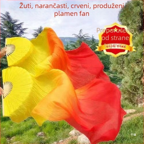 Dugi svileni fan za orijentalni ples s troboj gradijentnim plamenom i koi motivom, za odrasle, ljeto 2021 izdanje