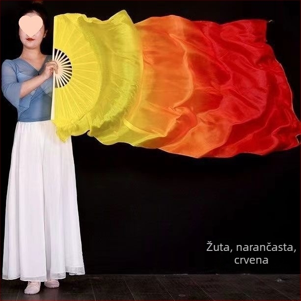 Dugi svileni fan za orijentalni ples s troboj gradijentnim plamenom i koi motivom, za odrasle, ljeto 2021 izdanje