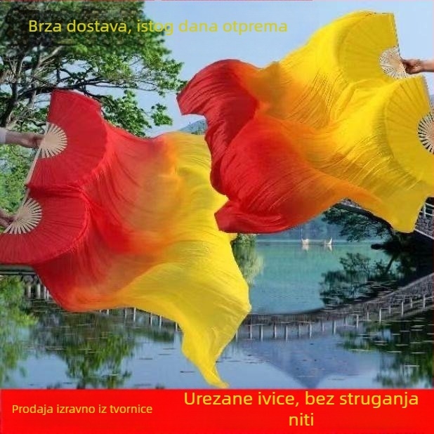 Dugi svileni fan za orijentalni ples s troboj gradijentnim plamenom i koi motivom, za odrasle, ljeto 2021 izdanje