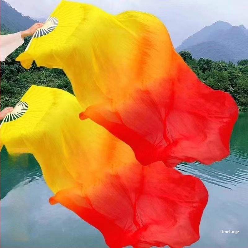 Dugi svileni fan za orijentalni ples s troboj gradijentnim plamenom i koi motivom, za odrasle, ljeto 2021 izdanje