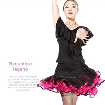 Latinska plesna odjeća: Milk Silk tkanina, šifon gornji dio s detaljem lotosovog lista i dijamantnim ukrasima, suknja za square dance s ugrađenim sigurnosnim šorcima