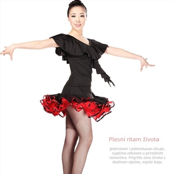 Latinska plesna odjeća: Milk Silk tkanina, šifon gornji dio s detaljem lotosovog lista i dijamantnim ukrasima, suknja za square dance s ugrađenim sigurnosnim šorcima