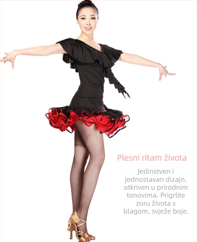 Latinska plesna odjeća: Milk Silk tkanina, šifon gornji dio s detaljem lotosovog lista i dijamantnim ukrasima, suknja za square dance s ugrađenim sigurnosnim šorcima