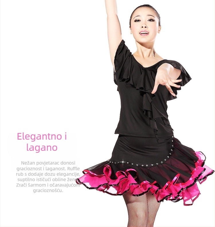 Latinska plesna odjeća: Milk Silk tkanina, šifon gornji dio s detaljem lotosovog lista i dijamantnim ukrasima, suknja za square dance s ugrađenim sigurnosnim šorcima