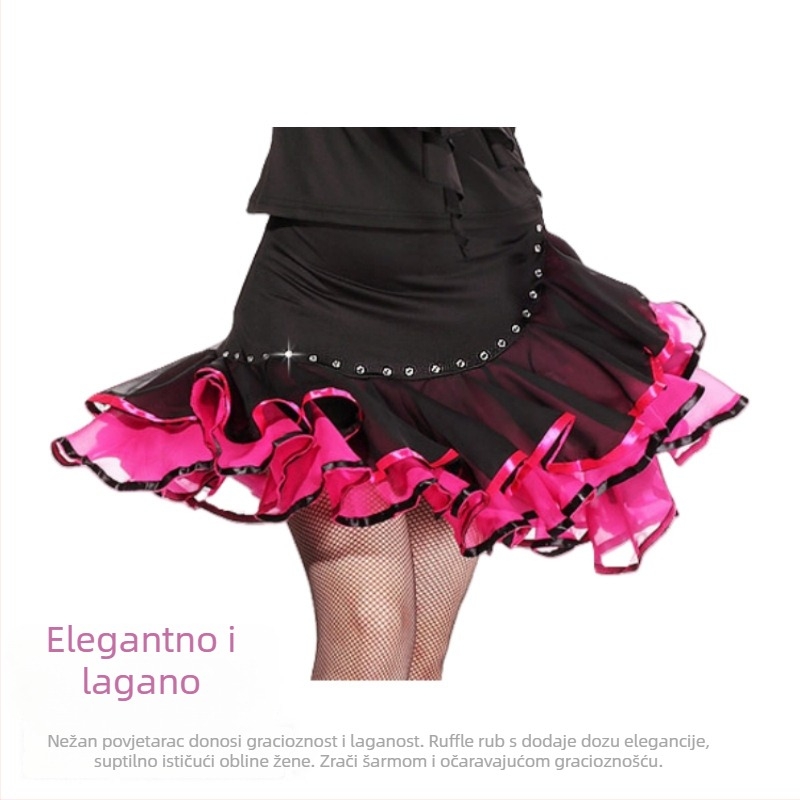 Latinska plesna odjeća: Milk Silk tkanina, šifon gornji dio s detaljem lotosovog lista i dijamantnim ukrasima, suknja za square dance s ugrađenim sigurnosnim šorcima