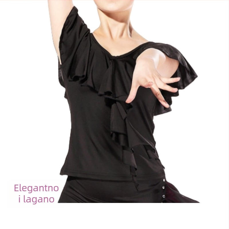 Latinska plesna odjeća: Milk Silk tkanina, šifon gornji dio s detaljem lotosovog lista i dijamantnim ukrasima, suknja za square dance s ugrađenim sigurnosnim šorcima