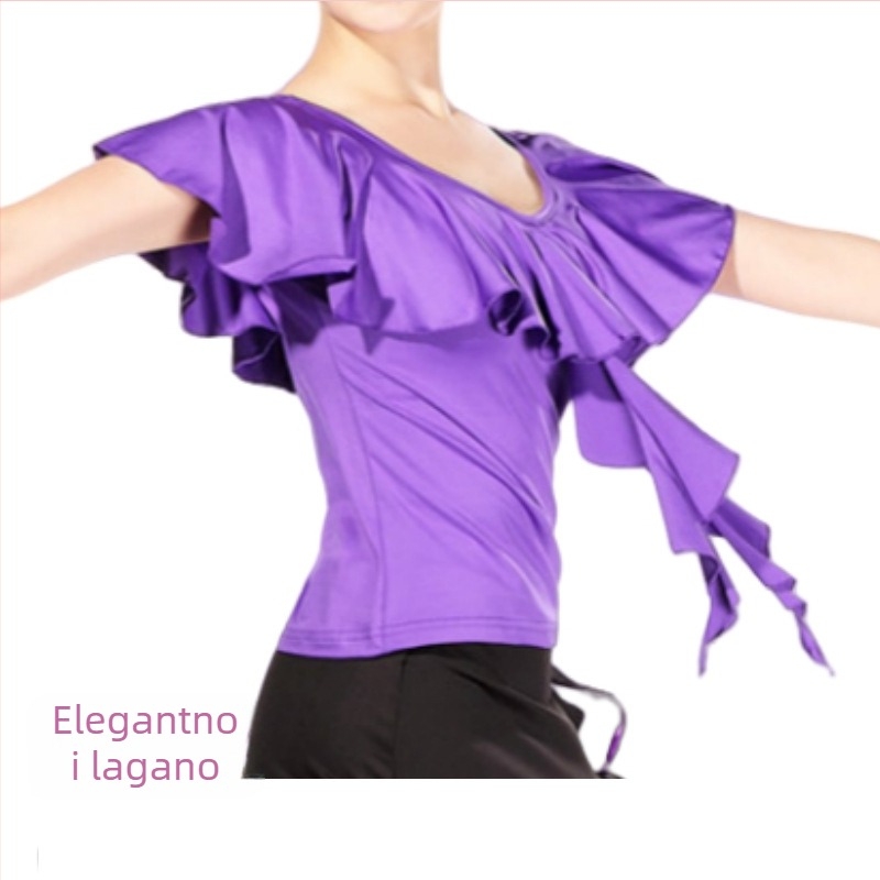 Latinska plesna odjeća: Milk Silk tkanina, šifon gornji dio s detaljem lotosovog lista i dijamantnim ukrasima, suknja za square dance s ugrađenim sigurnosnim šorcima